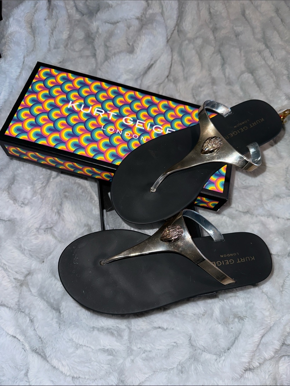 Kurt Geiger Black Footbed Metallic Gold Thong Sandals